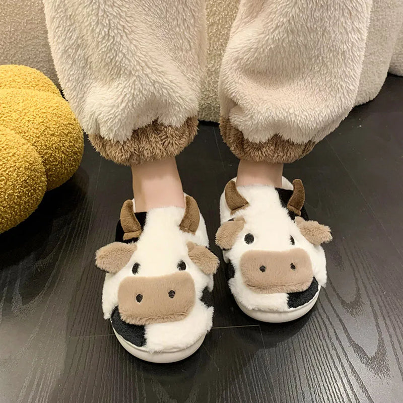 Winter Slippers Cute Women Girls Kawaii Fluffy Warm Plush Slippers Cartoon Milk Cow House Funny Casual Shoes