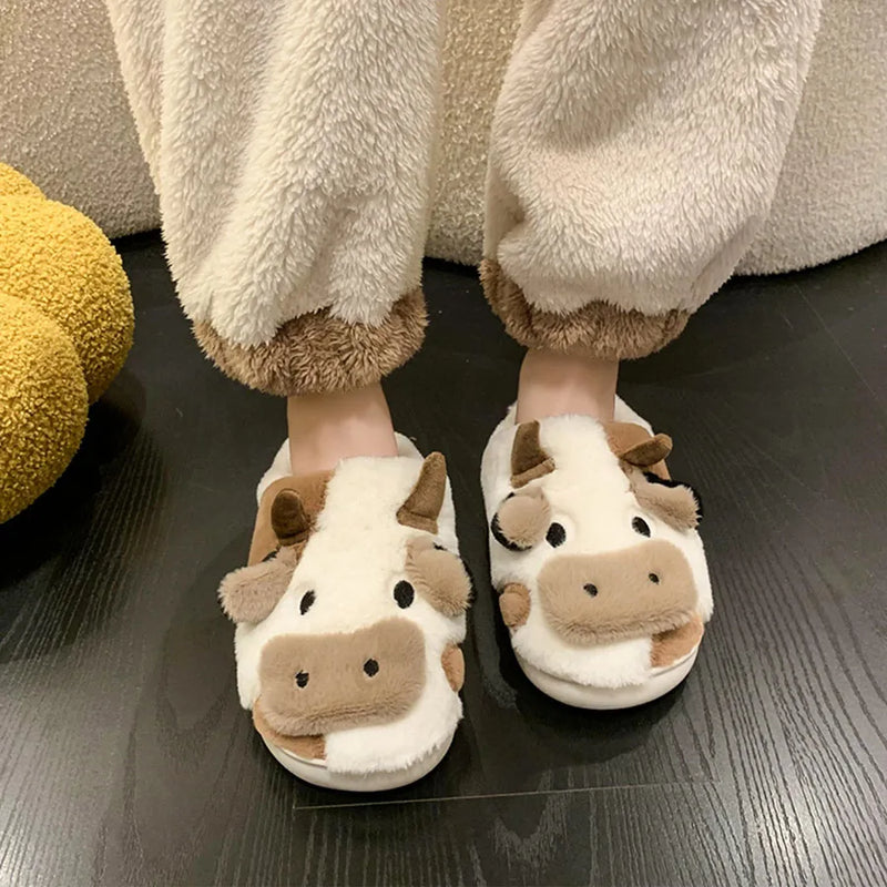 Winter Slippers Cute Women Girls Kawaii Fluffy Warm Plush Slippers Cartoon Milk Cow House Funny Casual Shoes